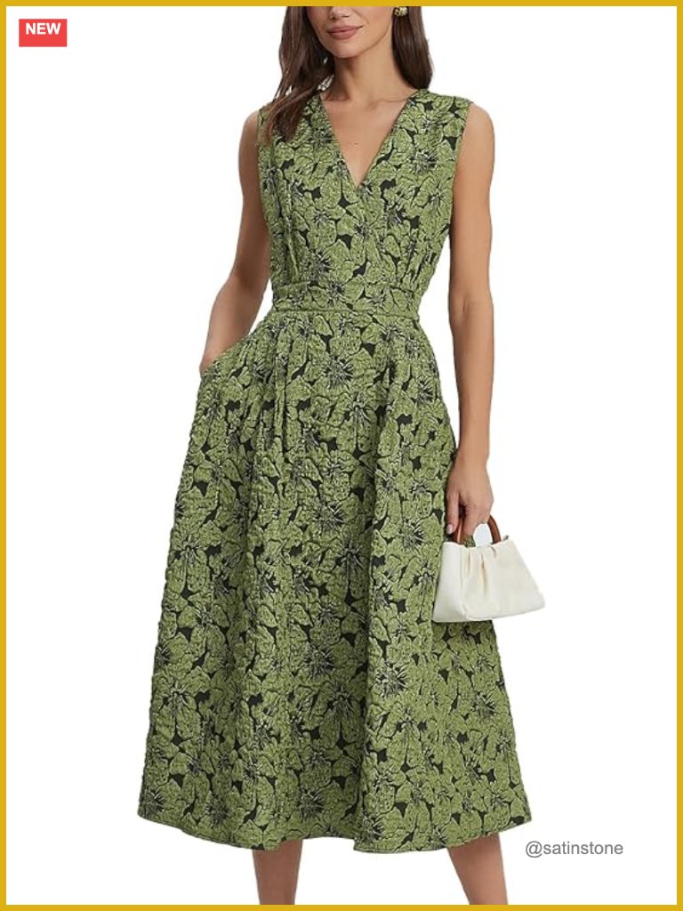 Sleeveless Floral Jacquard Midi Dress V-Neck A-Line Cocktail Dress With Pockets